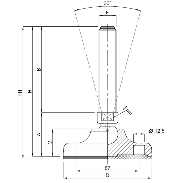 Martin Piede Zincato Base Plastica Snodato 30° D.MM125 M16/20 - MARTIN - Immagine 2